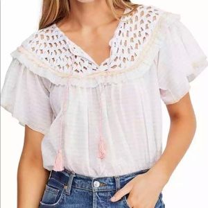 Free People Allora Striped Ruffled Top White Peach